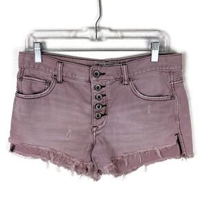 Free People Button Fly Low High Frayed Denim Jean Shorts in Dusty Rose